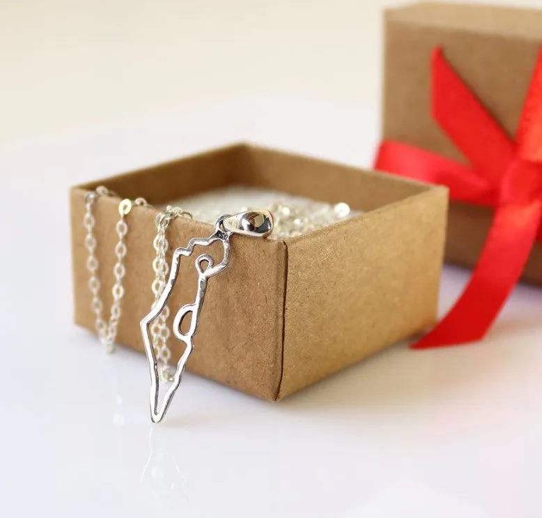 Long Israel Map Silver Necklace - Jewish Gift for her