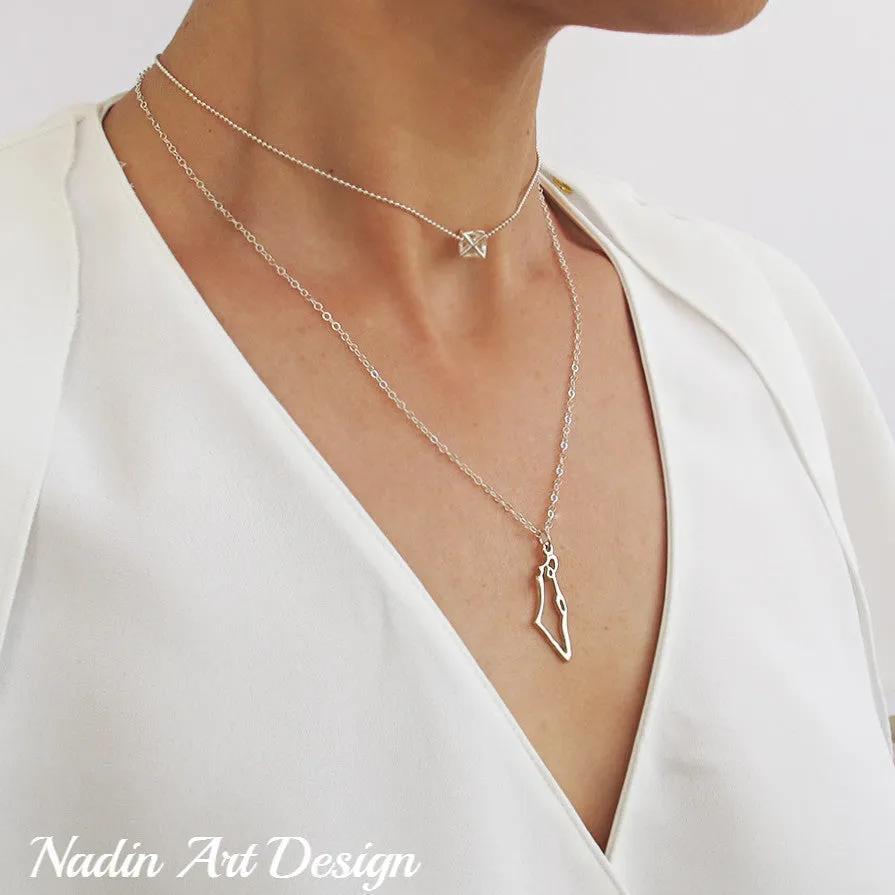 Long Israel Map Silver Necklace - Jewish Gift for her