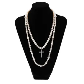 Long Pearl Necklace with Cubic Zirconia Cross Pendant