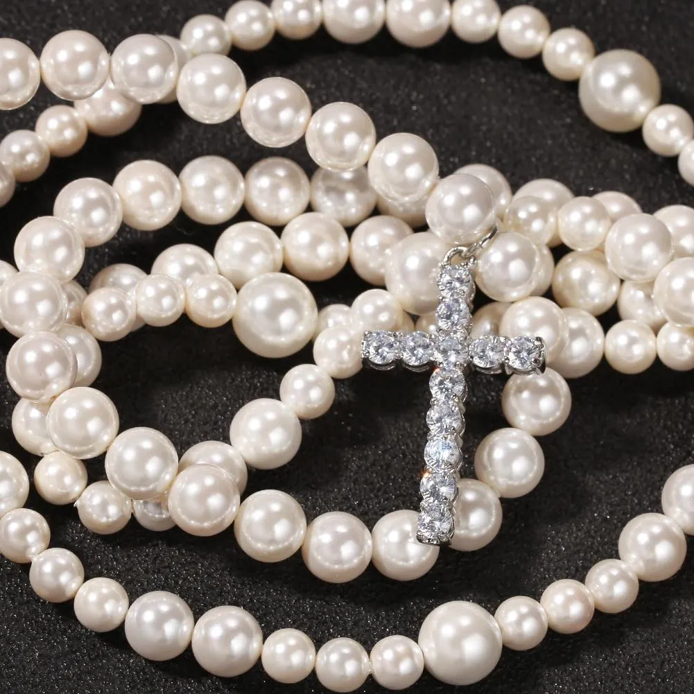 Long Pearl Necklace with Cubic Zirconia Cross Pendant