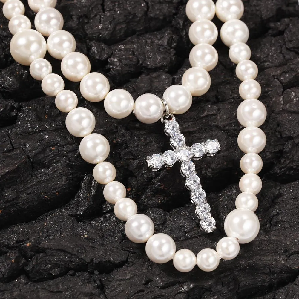 Long Pearl Necklace with Cubic Zirconia Cross Pendant