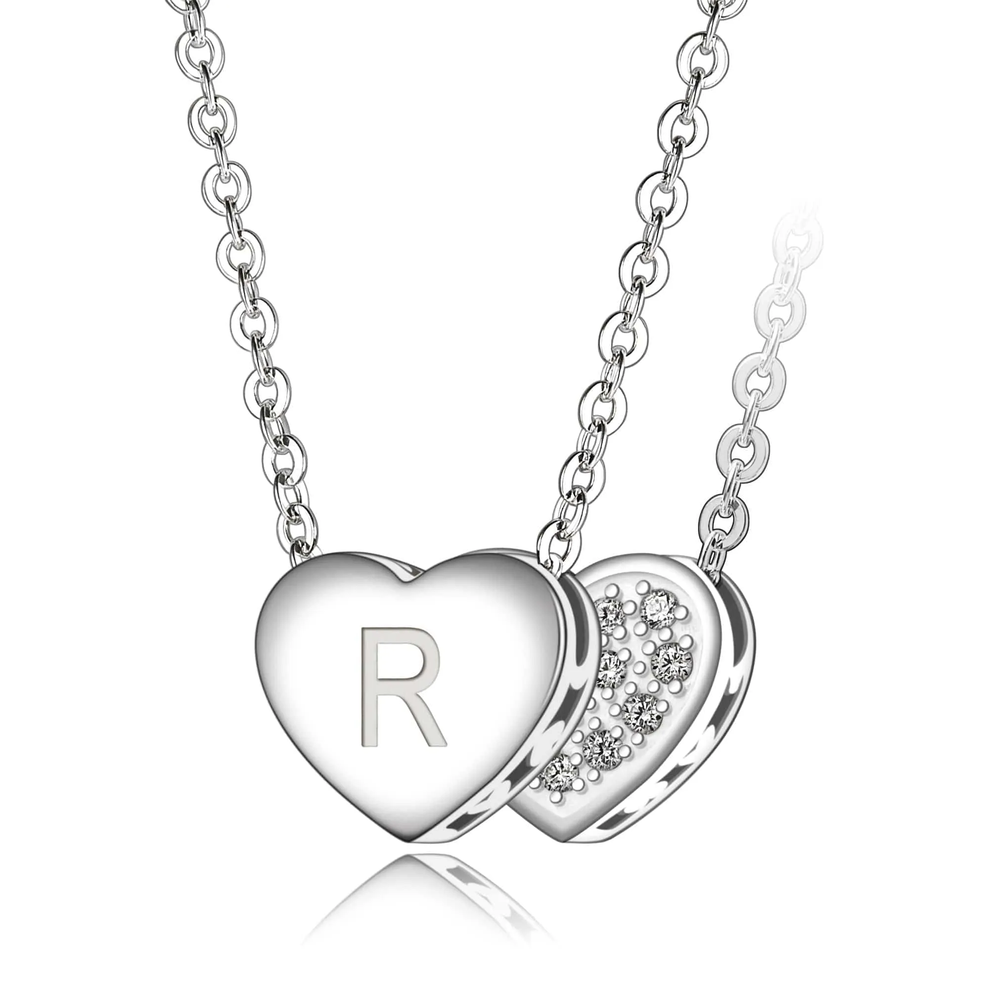 Love Heart Initial Necklace Silver, 18-20