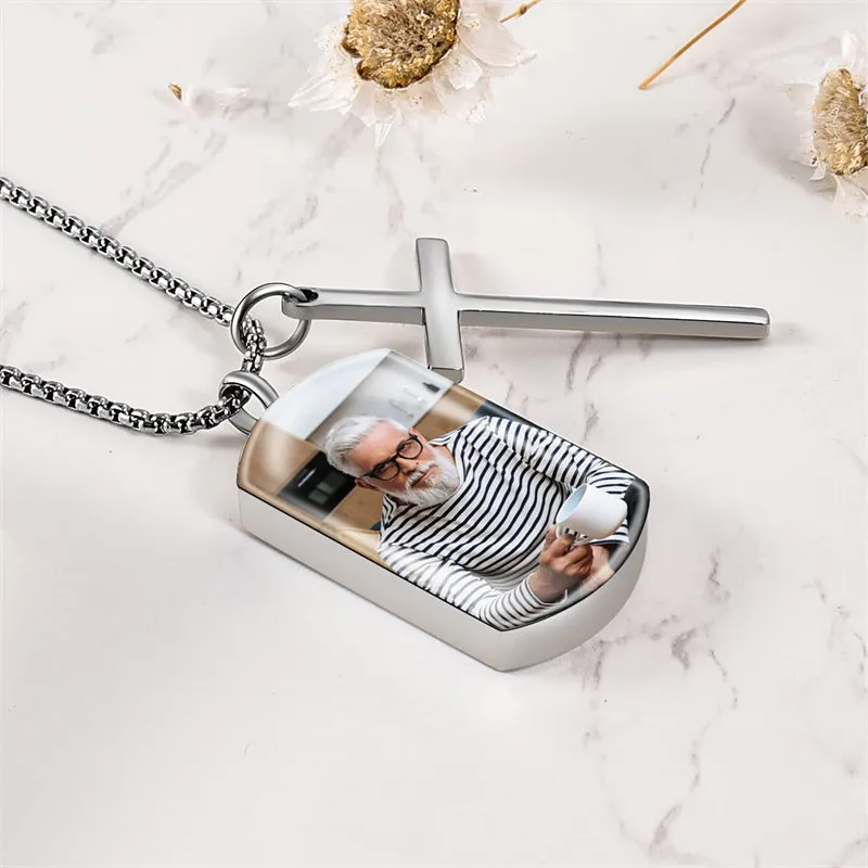 Men's Personalized Urn Necklace for Ashes with Picture Inside Cross Cremation Jewelry Keepsake Necklace for Women & Men