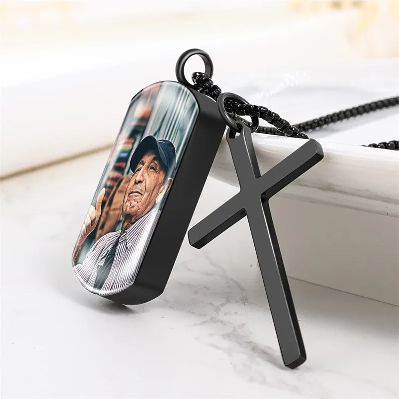 Men's Personalized Urn Necklace for Ashes with Picture Inside Cross Cremation Jewelry Keepsake Necklace for Women & Men