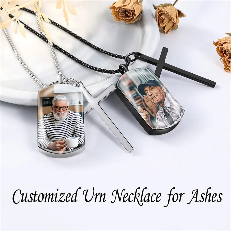 Men's Personalized Urn Necklace for Ashes with Picture Inside Cross Cremation Jewelry Keepsake Necklace for Women & Men