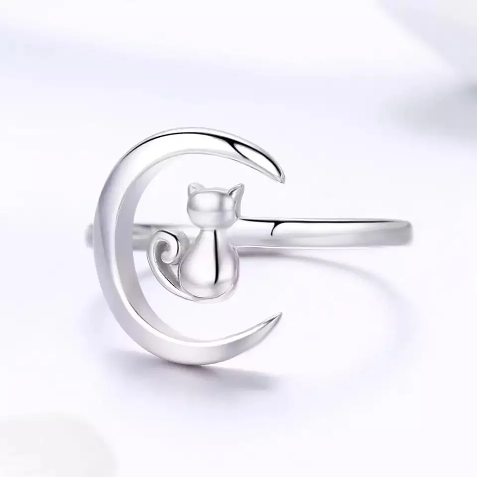 Moon Kitty Ring in Solid 925 Sterling Silver (Platinum Plated) - Adjustable Size