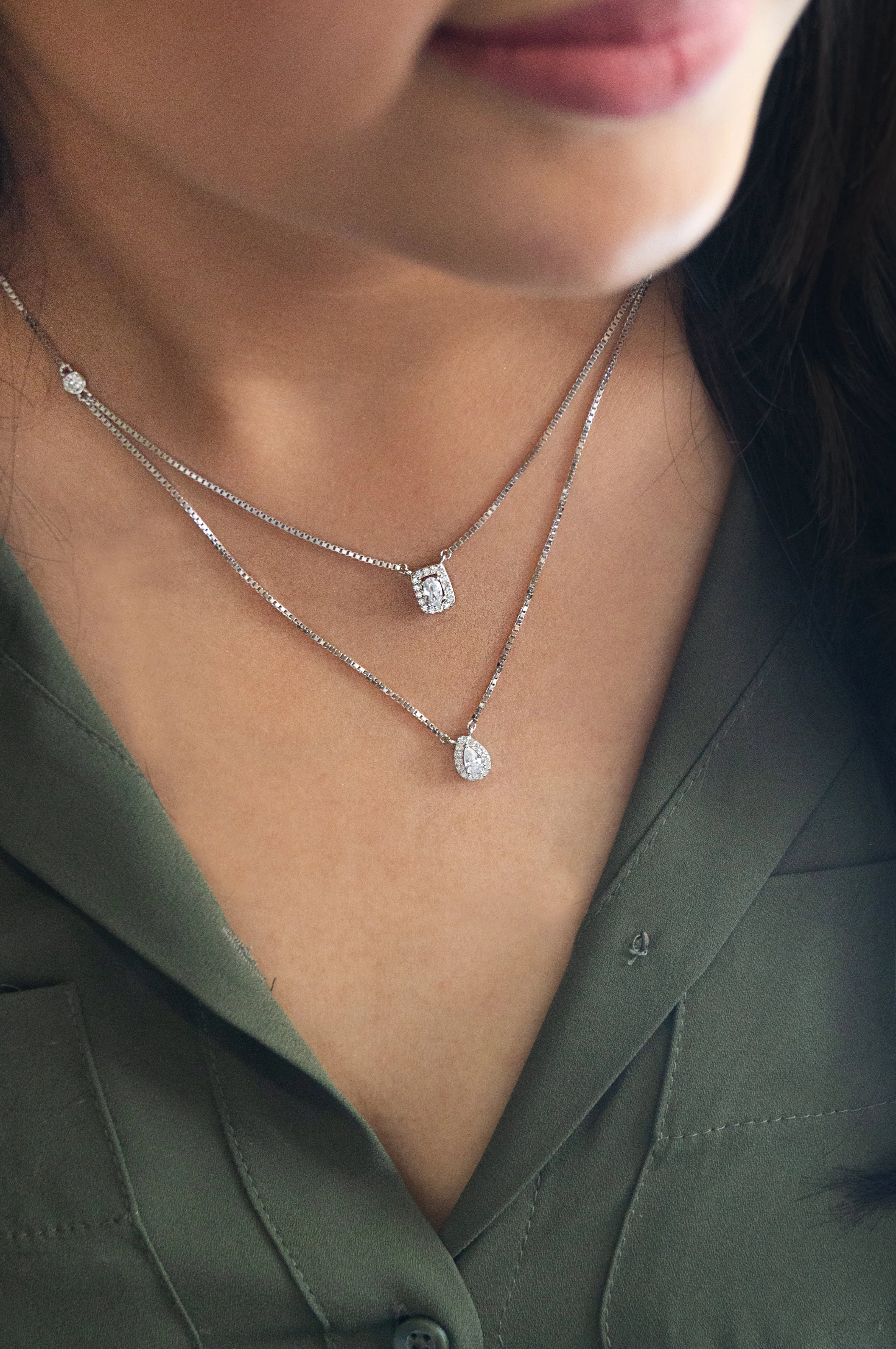 Multilayer Layer Solitaire Sterling Silver Necklace