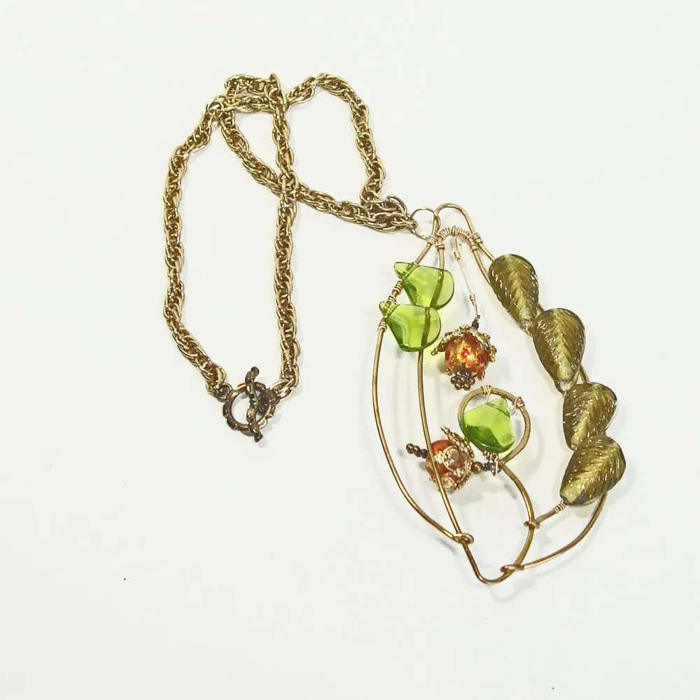 Nais, Wire Leaf Design, Beaded Jewelry, Pendant, Necklace