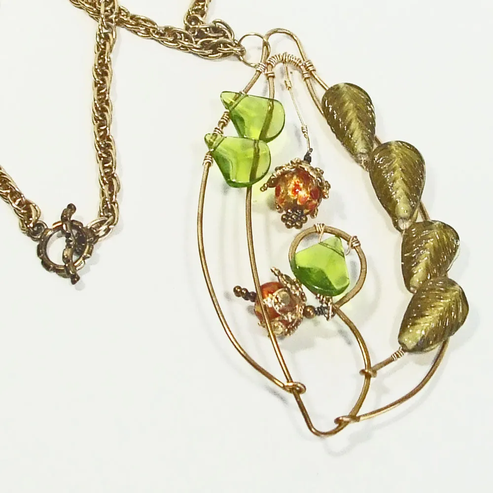 Nais, Wire Leaf Design, Beaded Jewelry, Pendant, Necklace