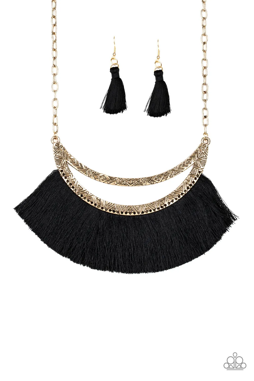 Paparazzi Necklace ~ The MANE Event - Gold and Shiny Black Thread Fringe Necklace