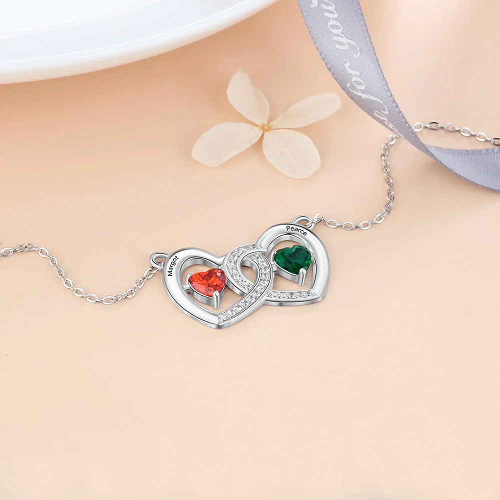 Personalized 2 Birthstone Mother's Ring Locker Hearts 2 Engraved Names