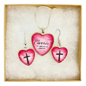 Personalized You Are Loved John 3:16 Pink Heart Scripture Pendant Necklace & Cross Earrings Set