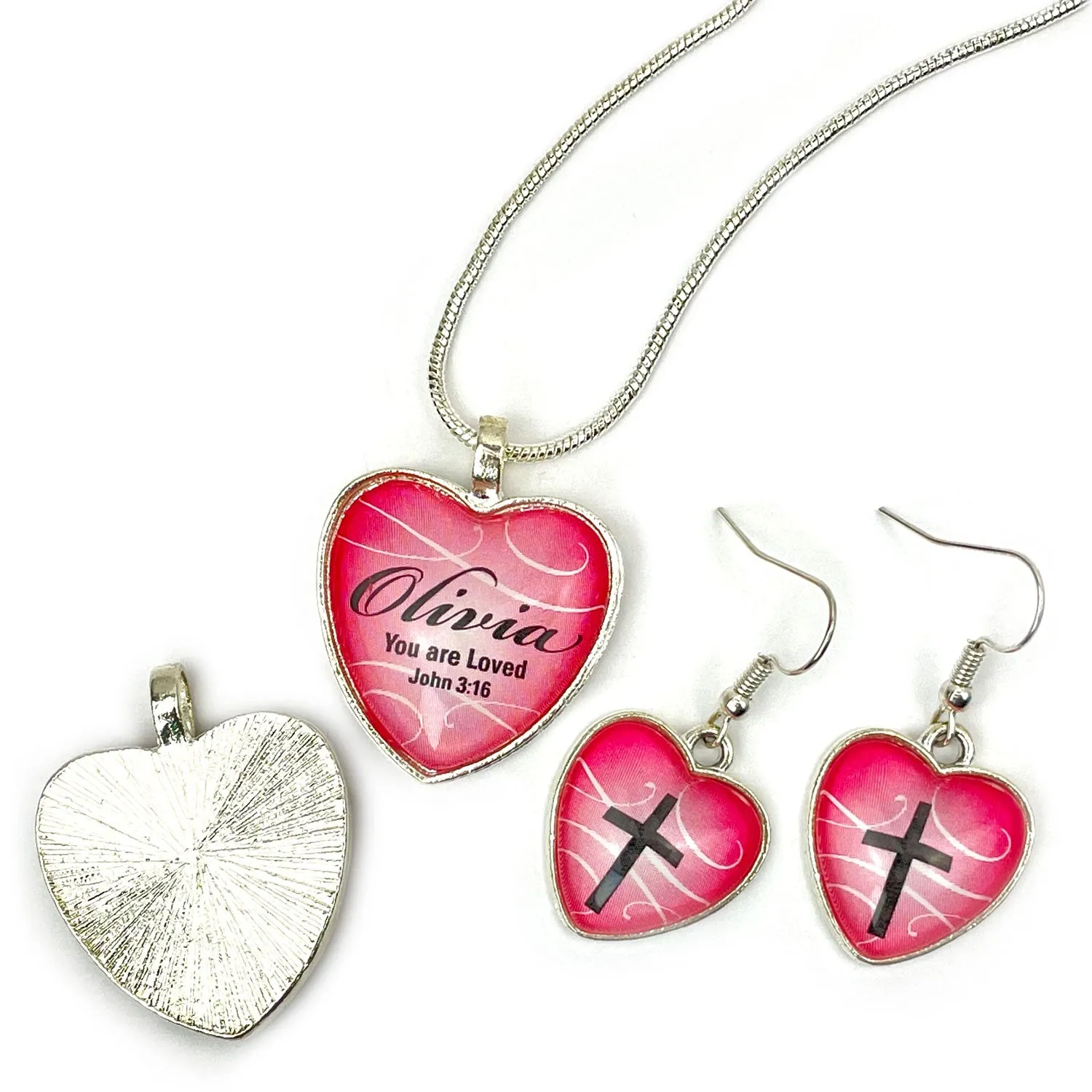 Personalized You Are Loved John 3:16 Pink Heart Scripture Pendant Necklace & Cross Earrings Set