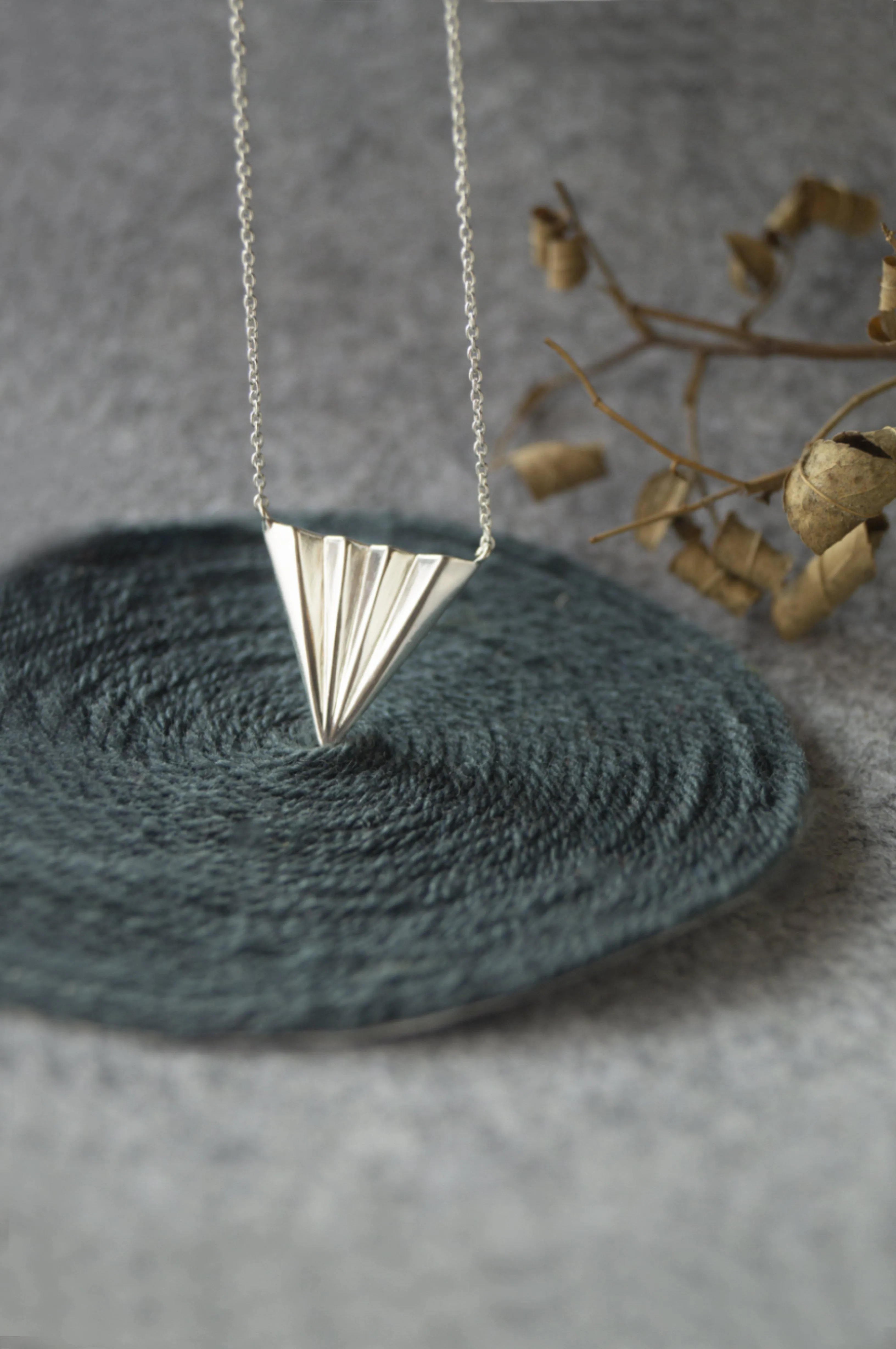 Pleated Triangle Sterling Silver Pendant Necklace