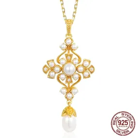 Pretty Unique Cross Pearl Pendant Necklace - 925 Sterling Silver