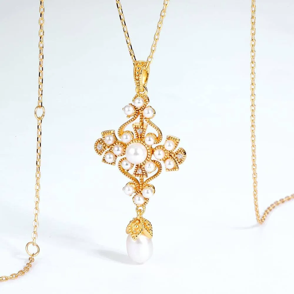 Pretty Unique Cross Pearl Pendant Necklace - 925 Sterling Silver