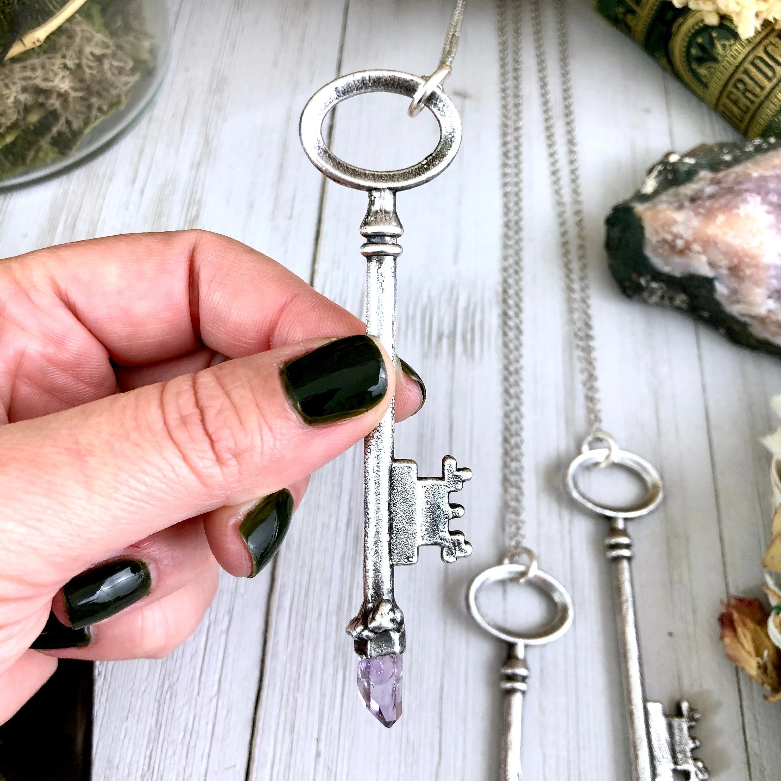 Raw Vera Cruz Amethyst Crystal Vintage Skeleton Key Necklace Pendant in Fine Silver  / Foxlark Collection - One of a Kind