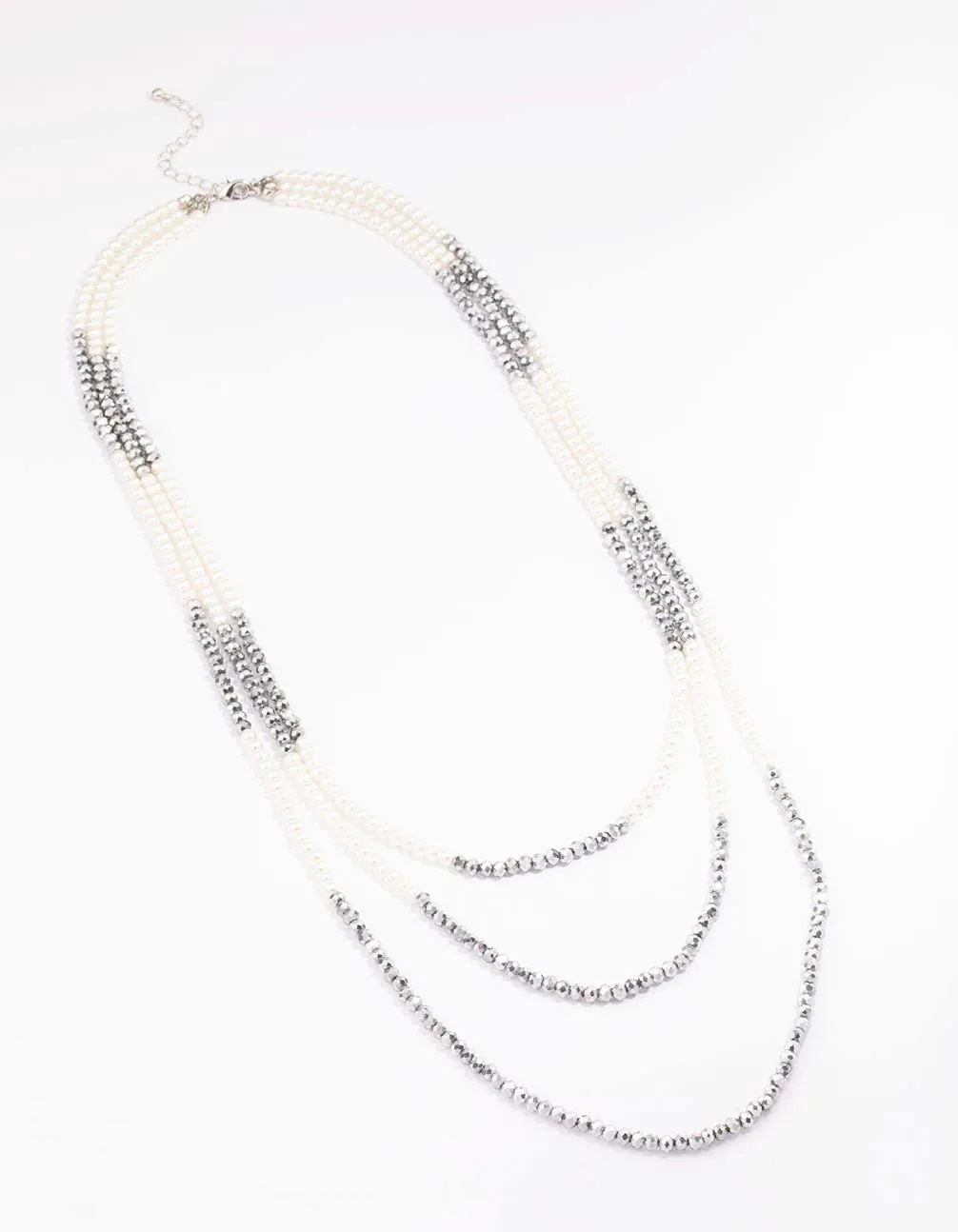 Rhodium Pearl Facet Layered Necklace