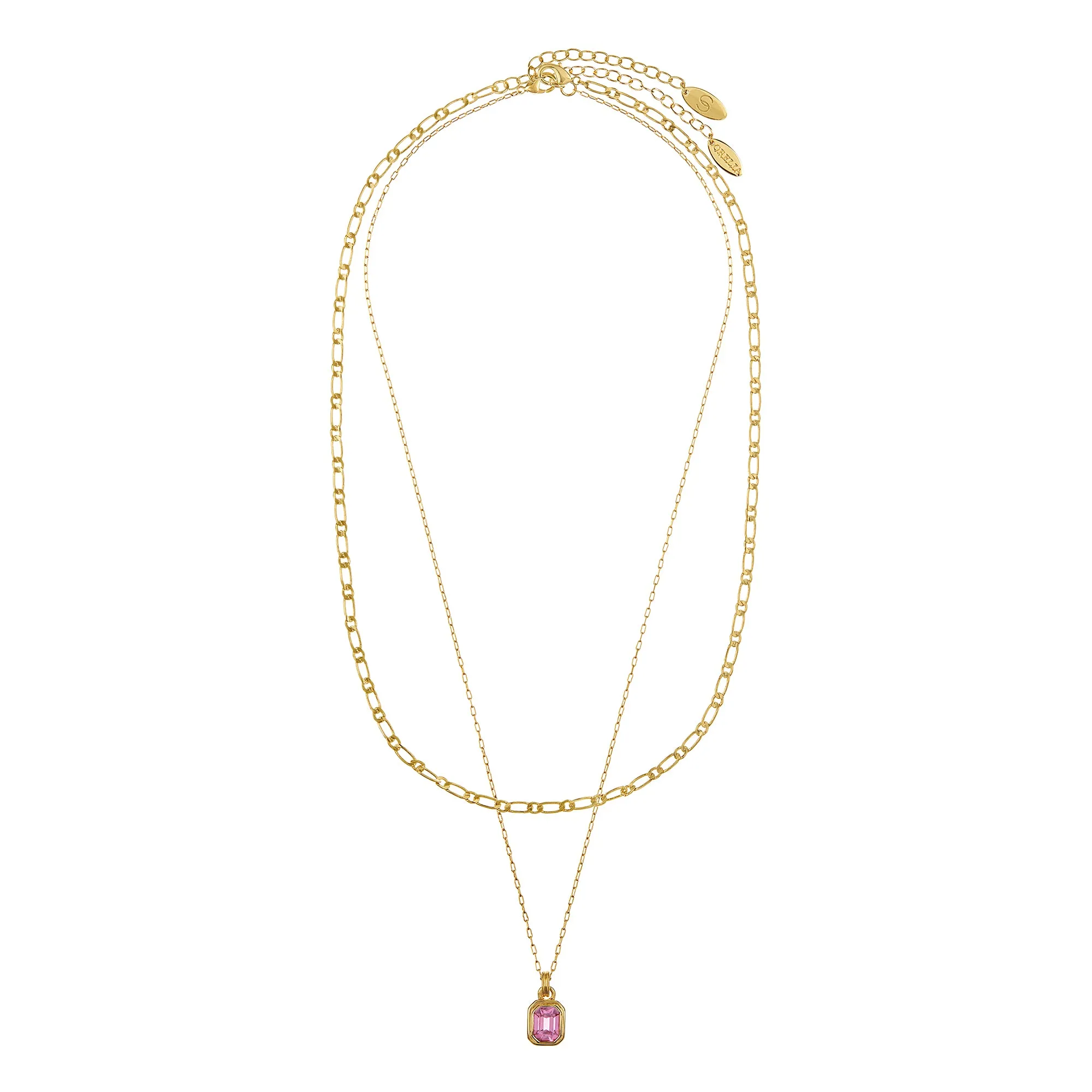 Rose Gem & Figaro Chain Layered Necklace