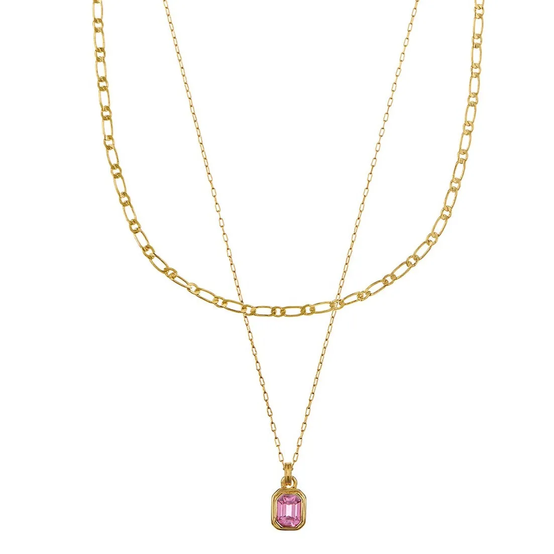 Rose Gem & Figaro Chain Layered Necklace