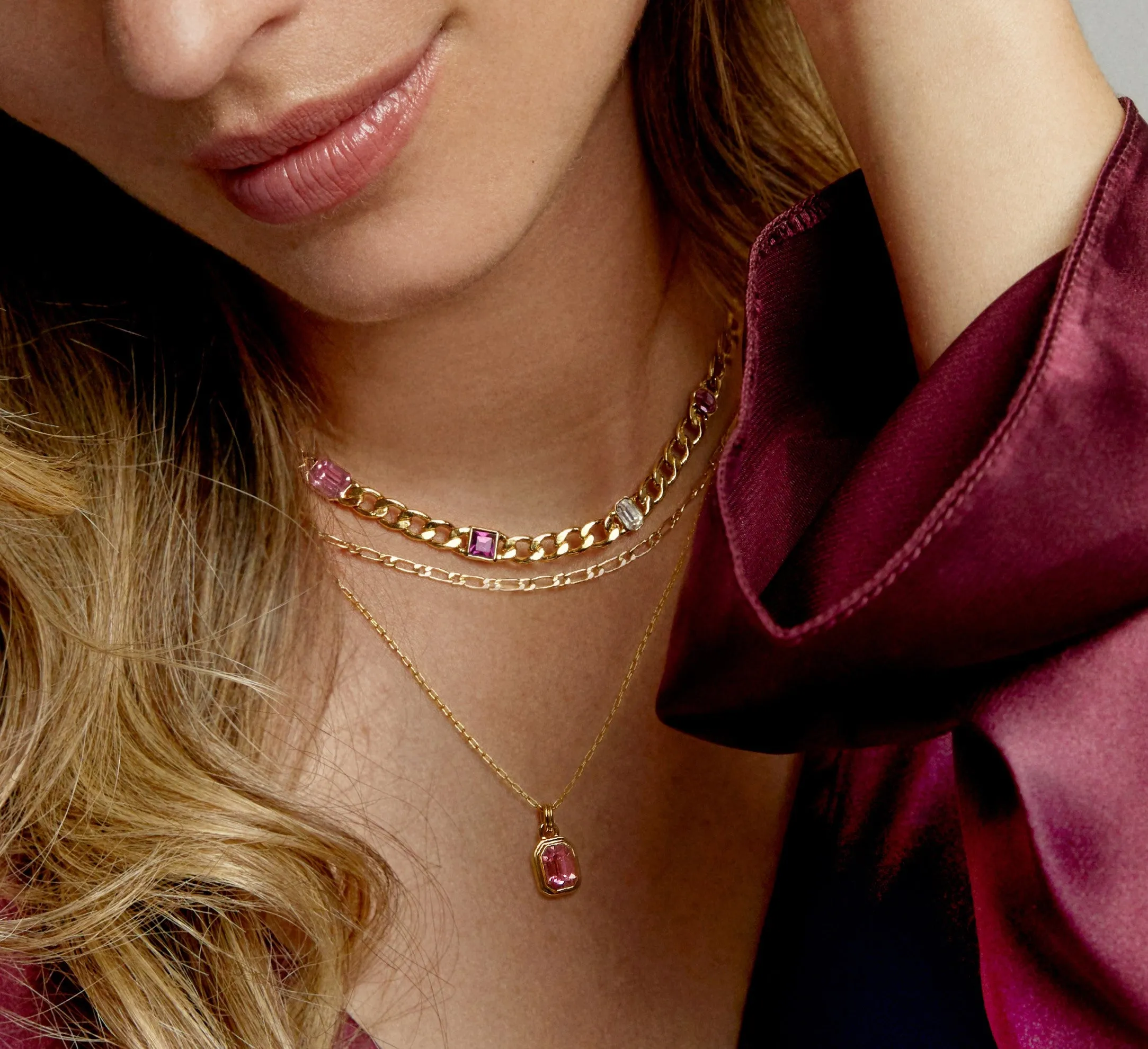 Rose Gem & Figaro Chain Layered Necklace