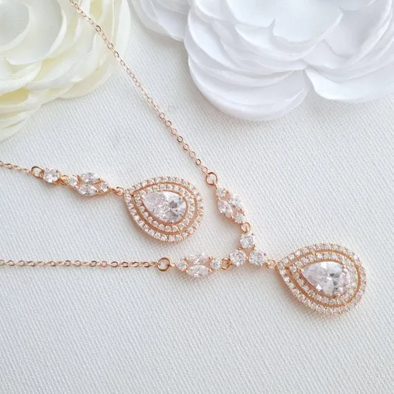 Rose gold Bridal Back Necklace -Joni