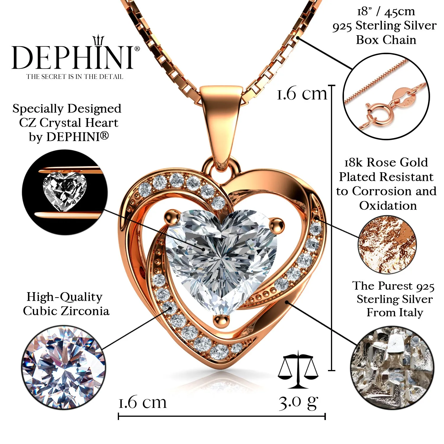 Rose Gold Necklace - 18ct Gold Plated 925 Sterling Silver Dephini