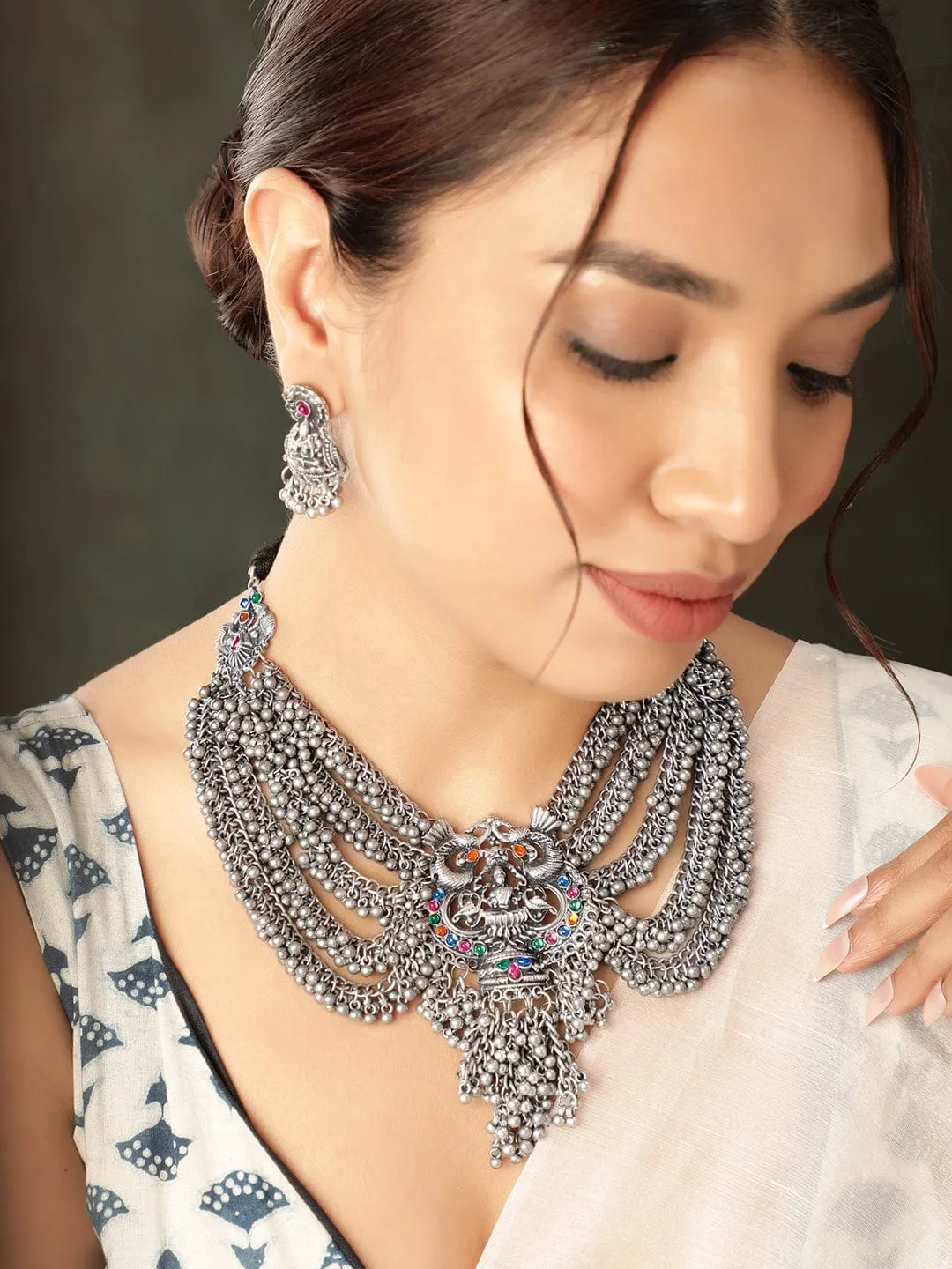 Rubans Oxidized Silver plated Multilayered Majestic Ghungroo Beaded Statement Necklace Set