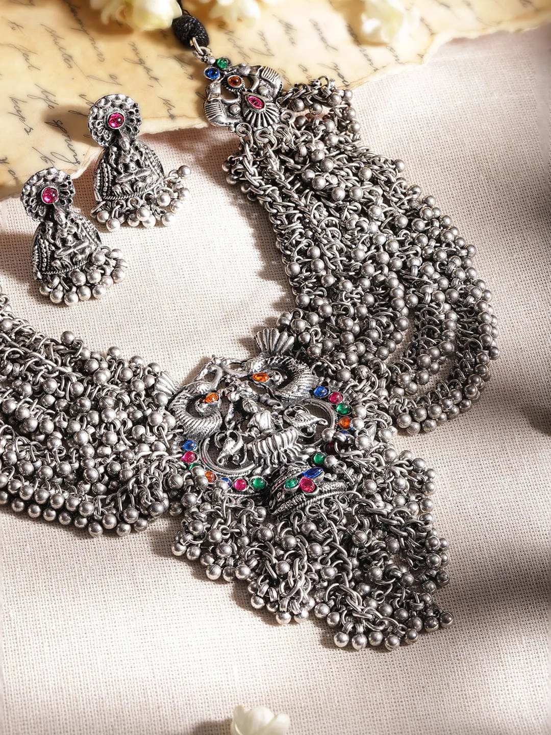 Rubans Oxidized Silver plated Multilayered Majestic Ghungroo Beaded Statement Necklace Set