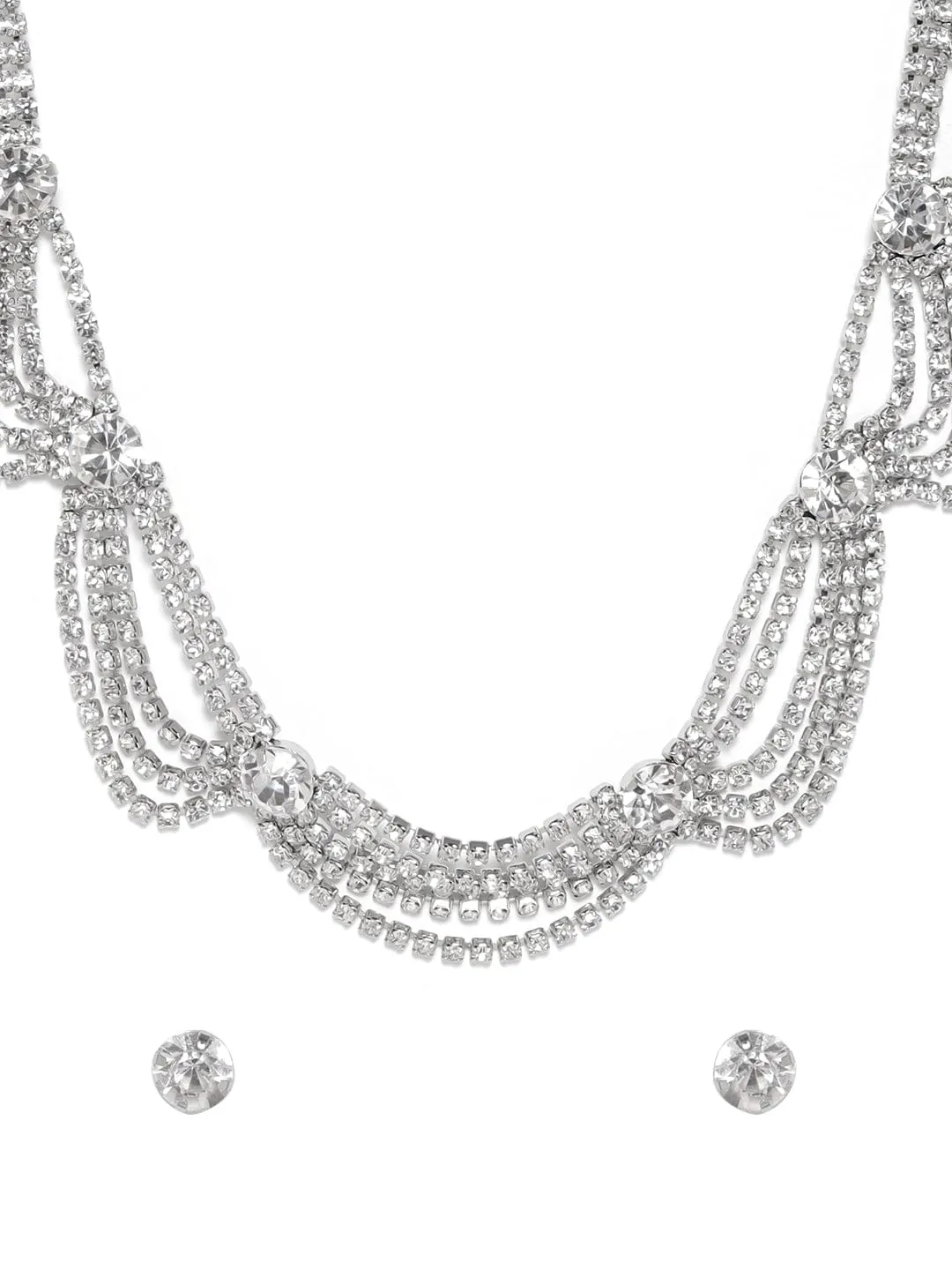 Rubans Rhodium Plated White Zirconia Studded Layered Necklace Set