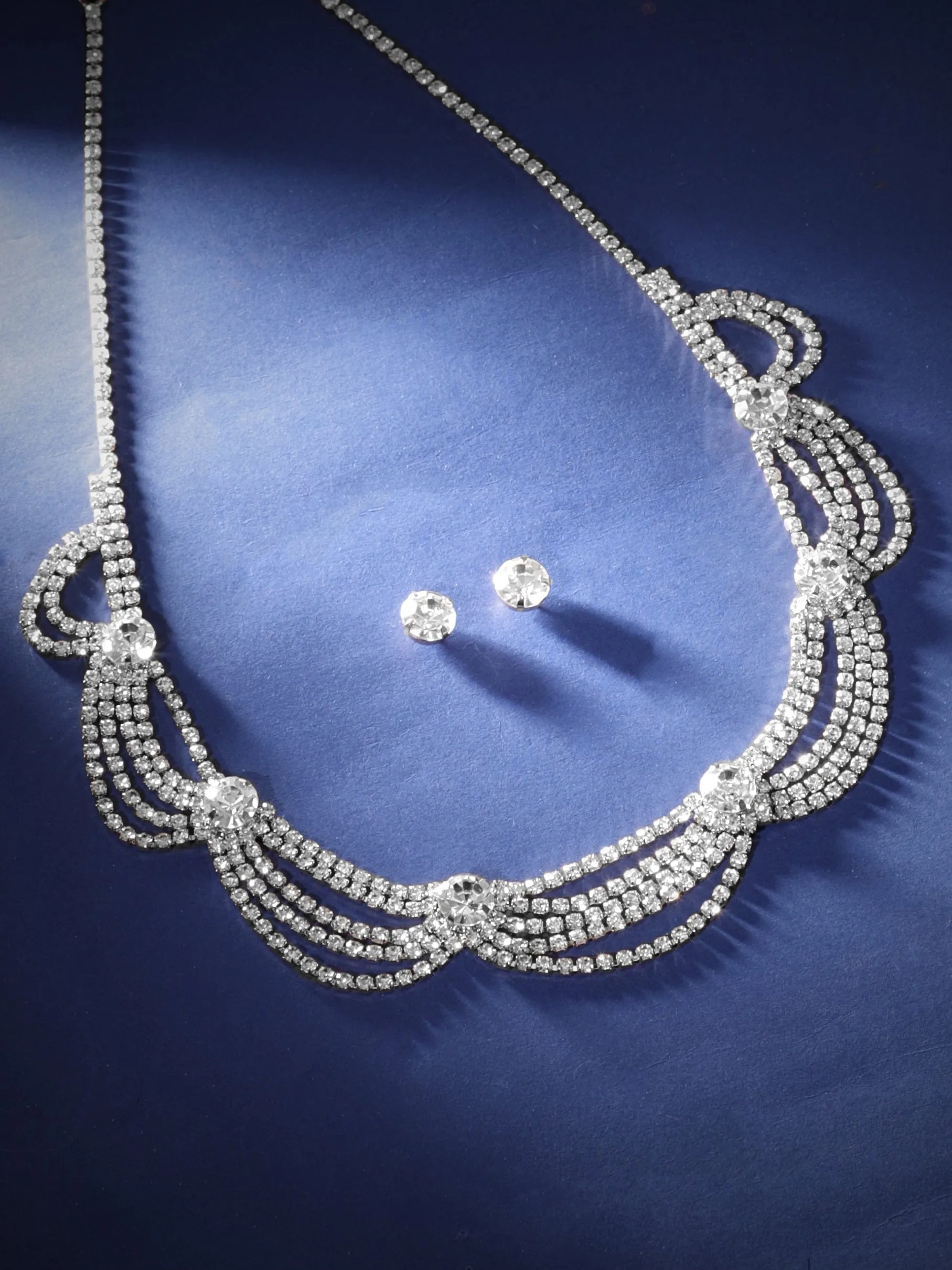 Rubans Rhodium Plated White Zirconia Studded Layered Necklace Set