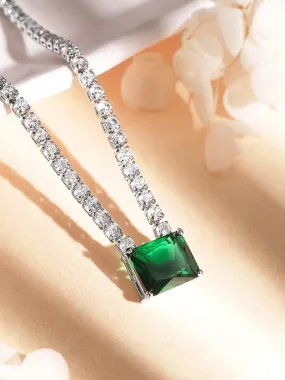 Rubans Voguish Rhodium-Plated Princess Cut Emerald Studded Necklace with Zirconia Accents