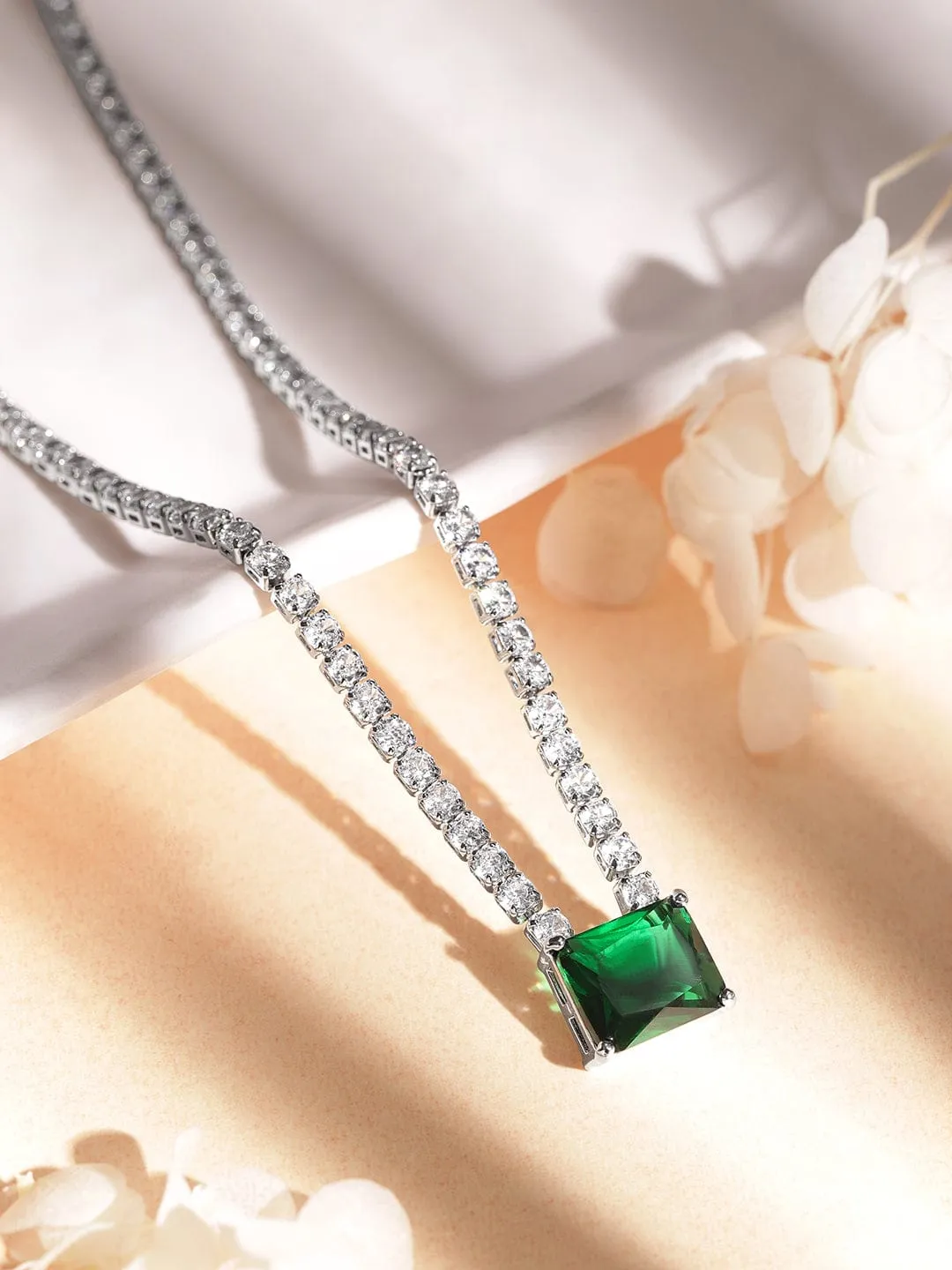 Rubans Voguish Rhodium-Plated Princess Cut Emerald Studded Necklace with Zirconia Accents