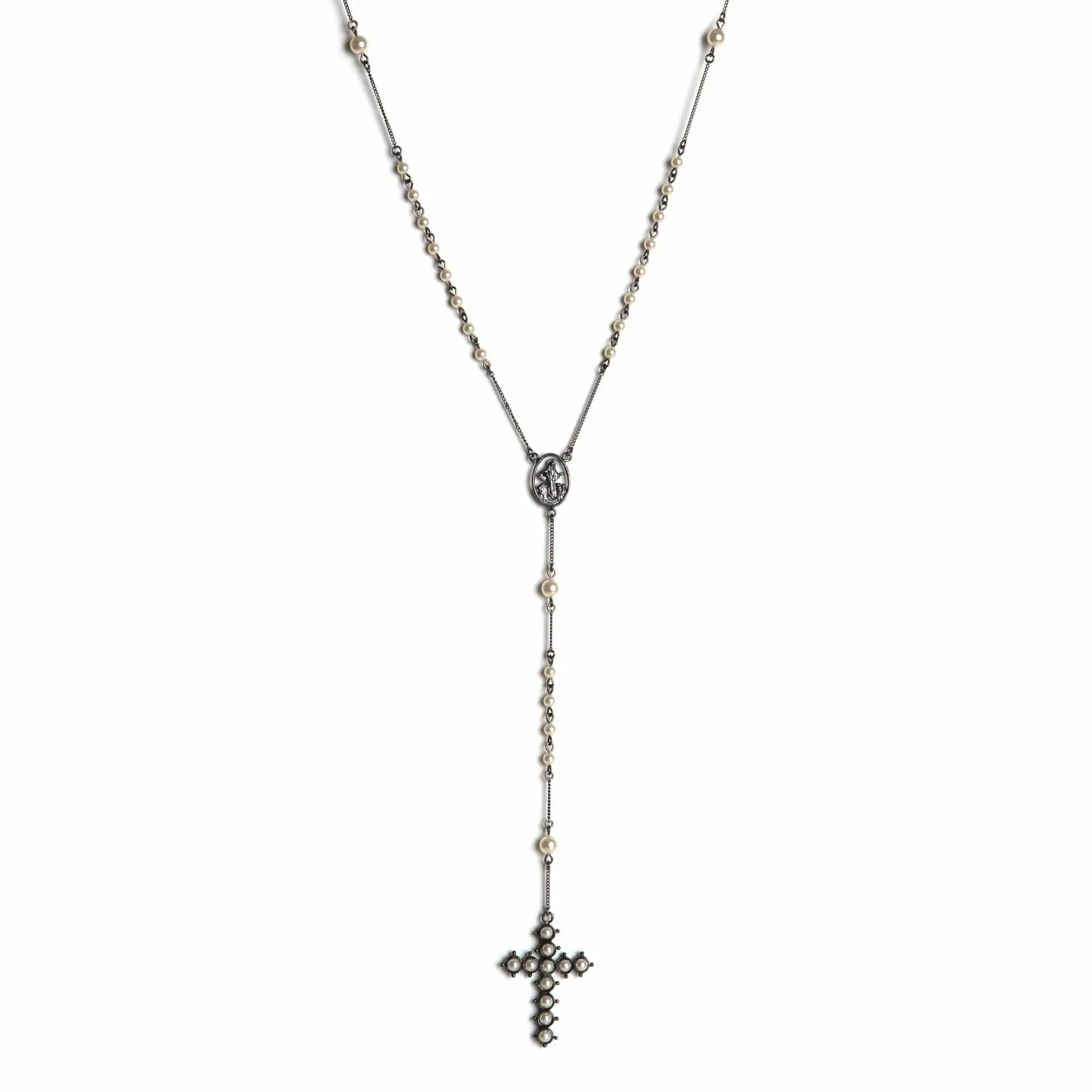 Saint Mia Rosary Style Necklace - Cream Pearl