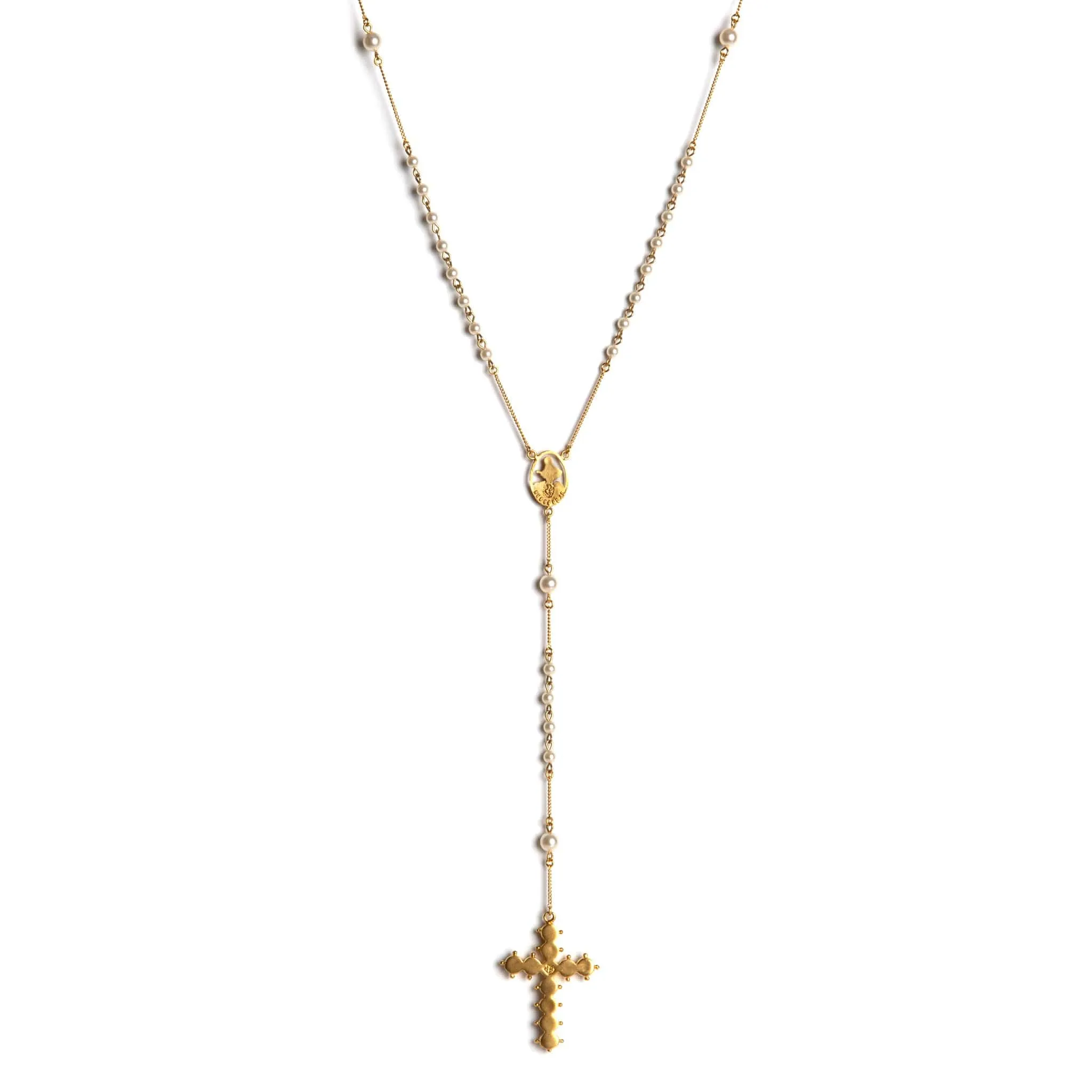 Saint Mia Rosary Style Necklace - Cream Pearl