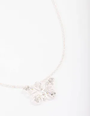 Silver Diamante Open Butterfly Pendant Necklace