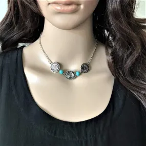 Silver Flower Disc and Turquoise Necklace