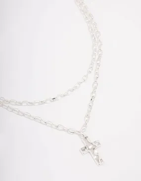 Silver Plated Chunky Cross Layered Necklace