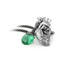 Small Anatomical Heart Necklace with Aquamarine - Silver