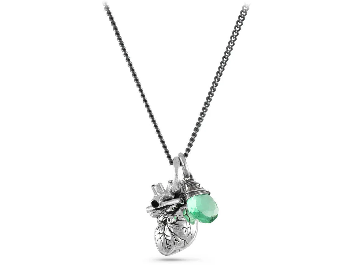 Small Anatomical Heart Necklace with Aquamarine - Silver