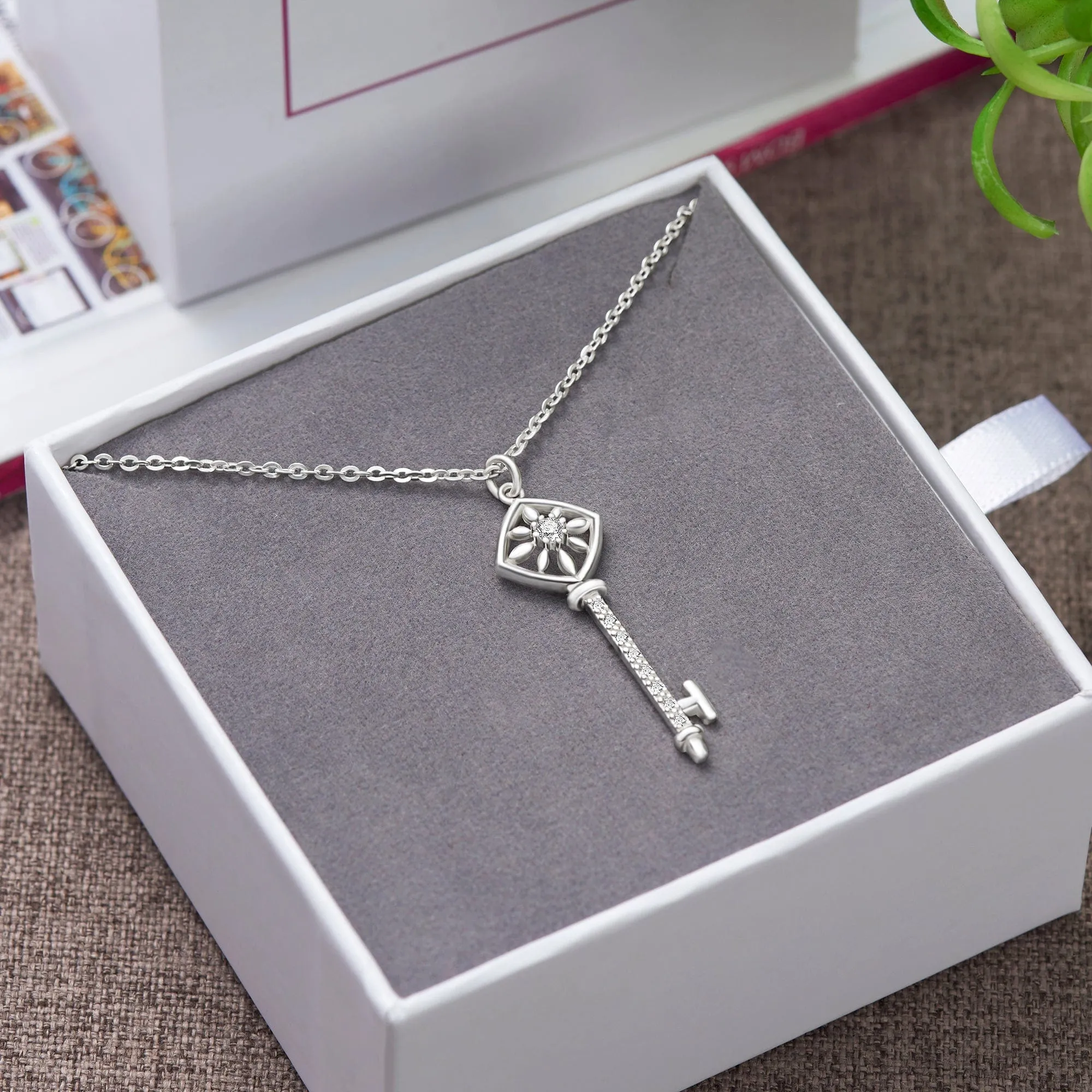 Square Compass Key Necklace Silver