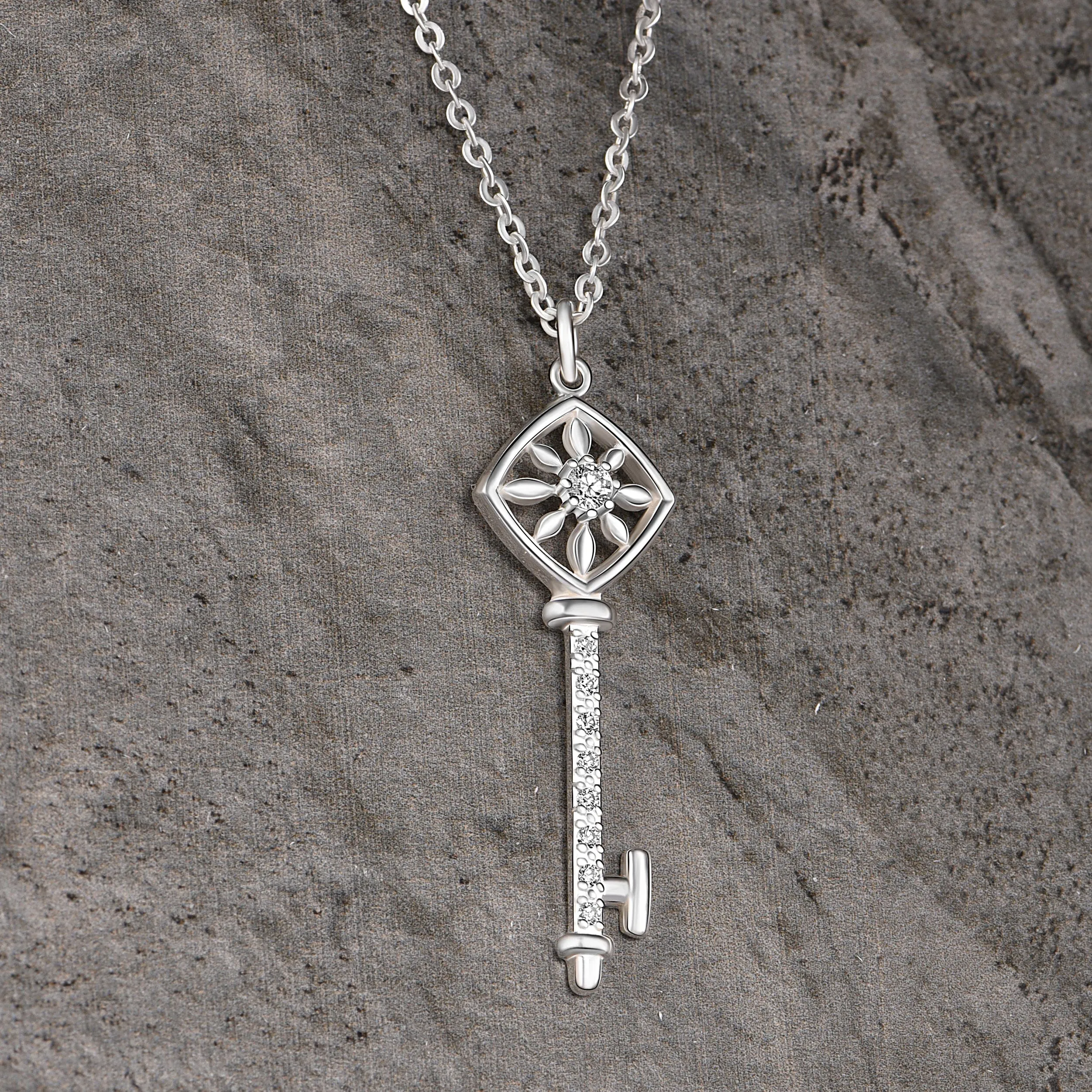 Square Compass Key Necklace Silver