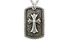 Stainless Steel Antiqued Dog Tag with Cross Necklace