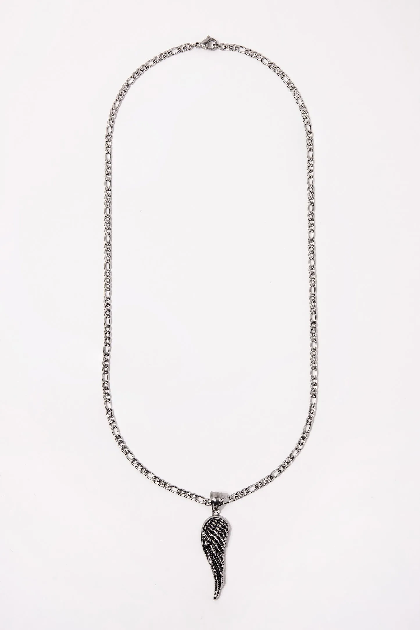 Stainless Steel Figaro Chain Necklace with Angel Wing Pendant