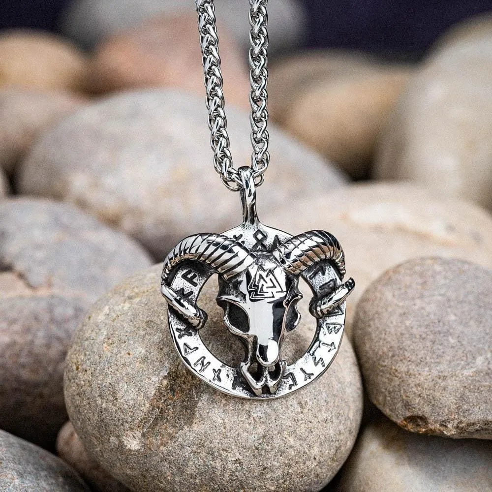 Stainless Steel Goat Head Necklace with Valknut and Runes