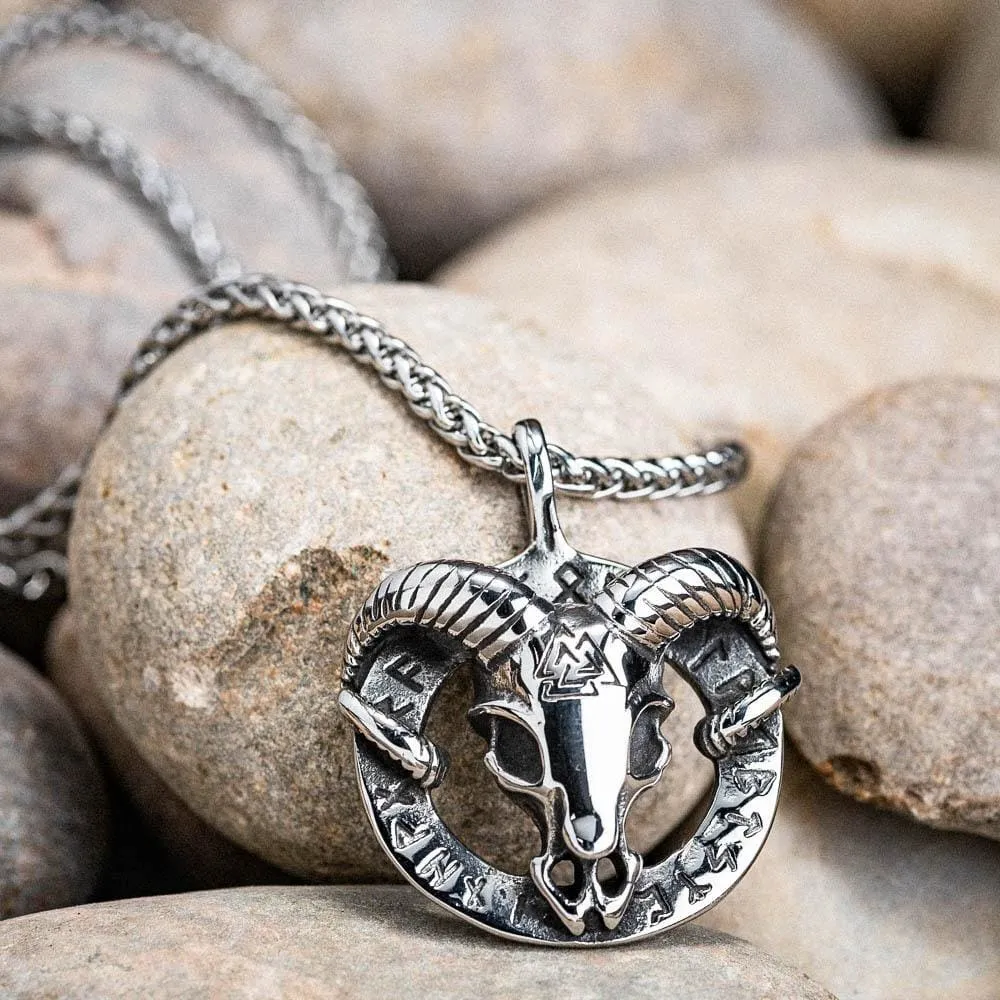 Stainless Steel Goat Head Necklace with Valknut and Runes