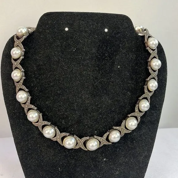 Sterling Marcasite/PearlNecklace with Earrings