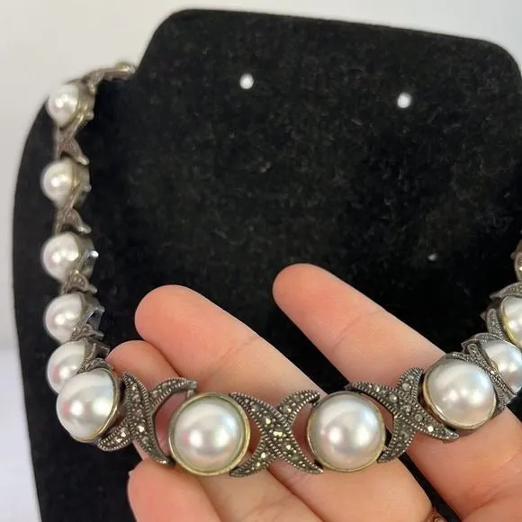 Sterling Marcasite/PearlNecklace with Earrings