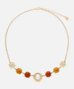 Sterling Silver Gold Plated Necklace for Women with Organic Pearl, 12mm Round White Pearl and Amber Murano Crystal, 16.1/18.1 Length, Algaida Collection