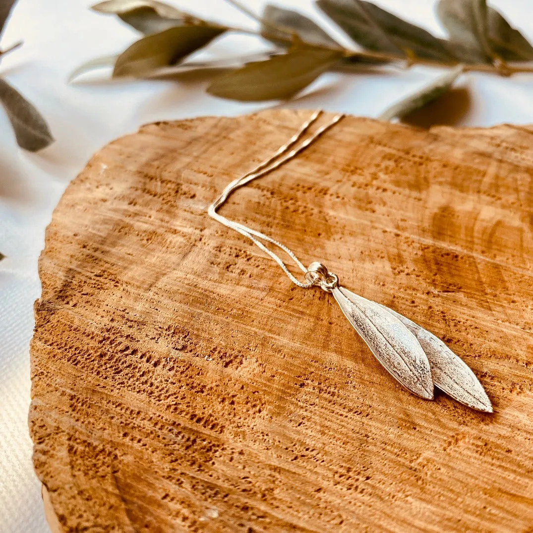 Sterling Silver Olive Leaf Necklace - Double Leaves on Chain